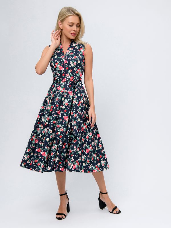 Dark blue floral print midi length sleeveless dress