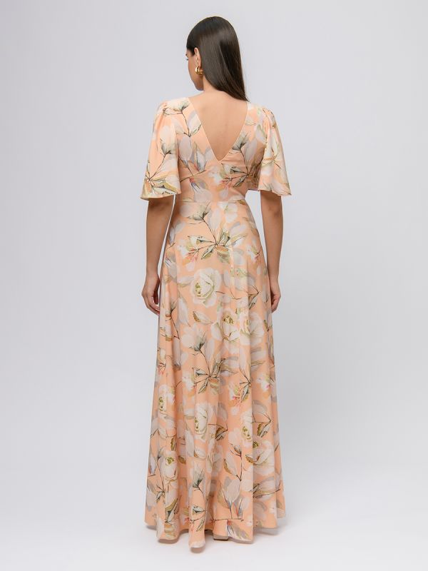 Beige color print maxi length dress with deep neckline