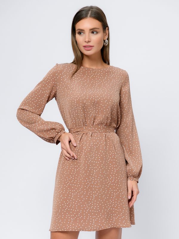 Mocha polka dot mini length dress with voluminous sleeves