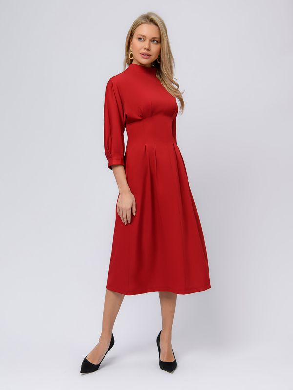 Midi length burgundy dress with stand-up collar and voluminous sleeves