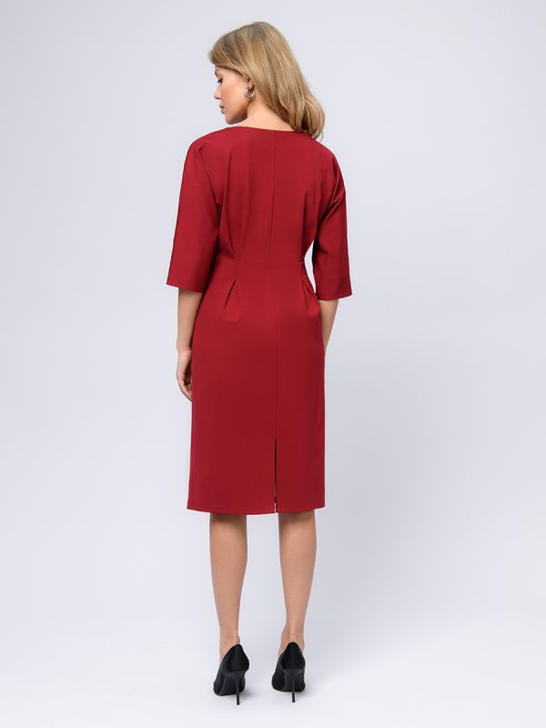 Burgundy midi length dress with waist flaps and 3/4 sleeves