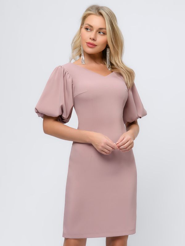 Dusty rose mini length dress with voluminous sleeves and open shoulders