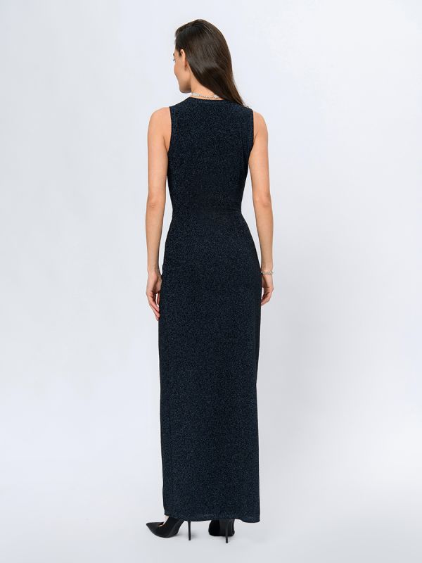 Navy blue lurex maxi length dress with draped bodice