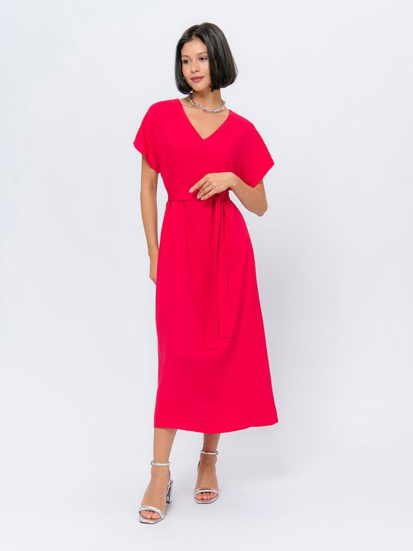 Raspberry colored midi length dress with pockets and short sleeves