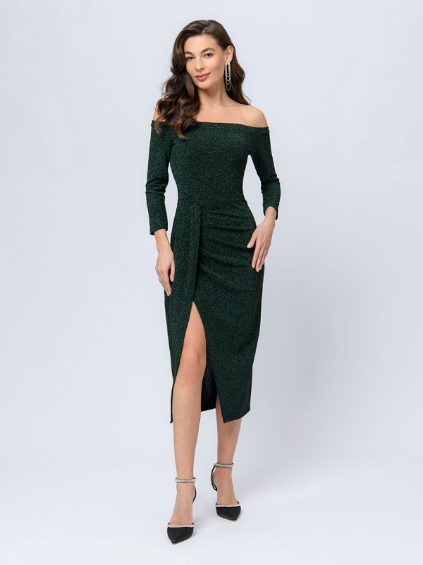 Dark green dress with open shoulders and draped skirt