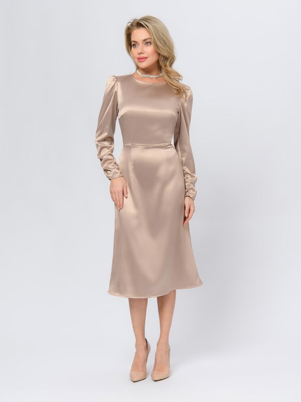 Beige colored midi length dress with long sleeves