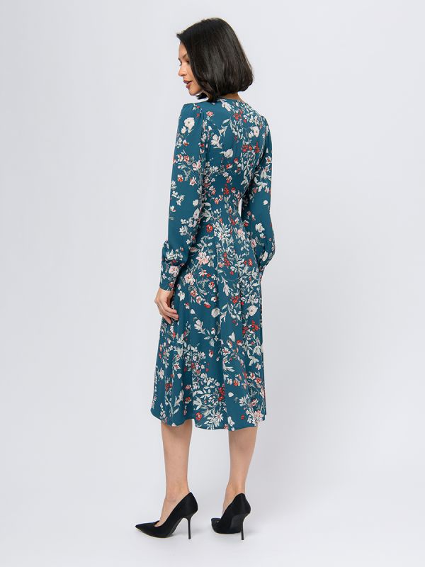 Turquoise colored midi length dress with floral print