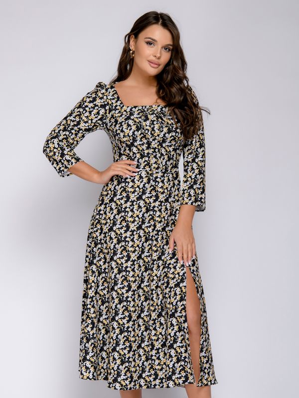 Black midi length dress with floral print and bob neckline