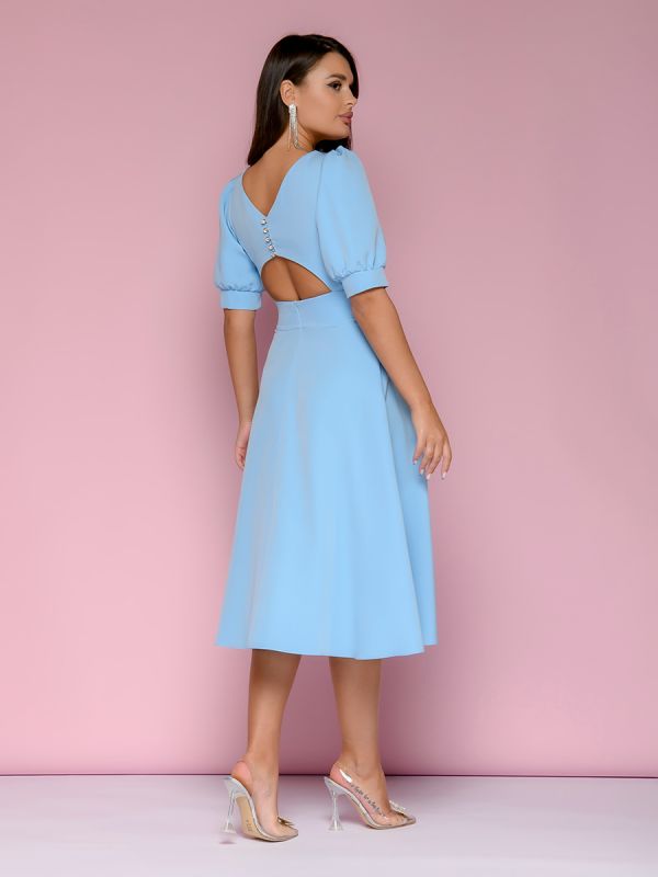 Blue midi length dress with shaped cutout on the back