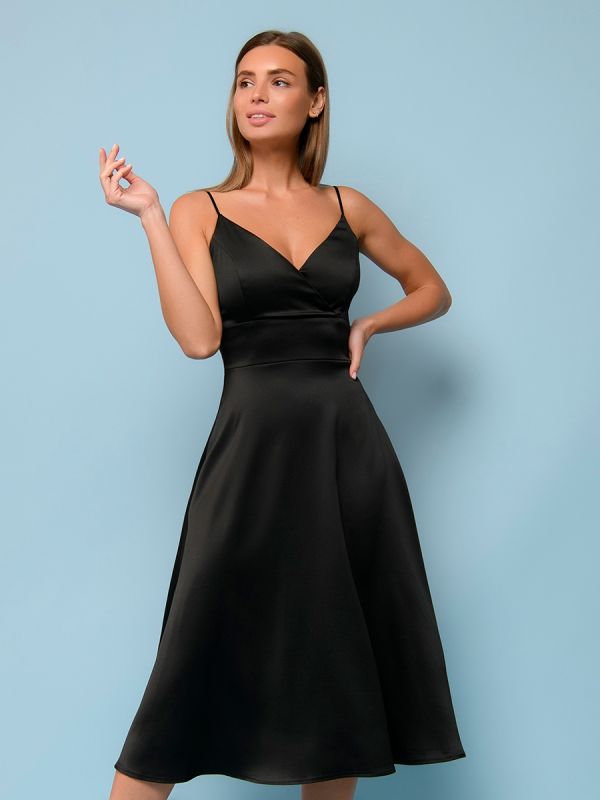 Black strappy midi length dress with deep neckline