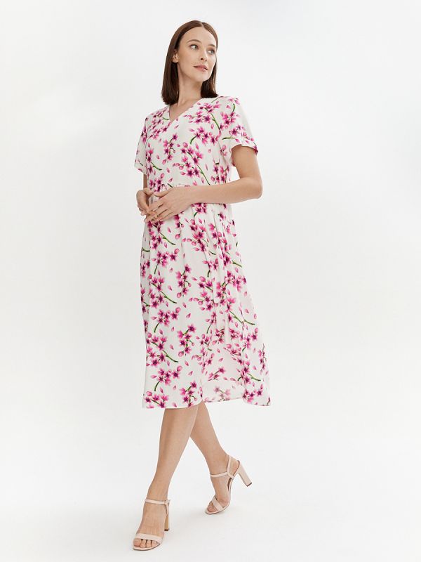 White midi length print dress with wide sleeves