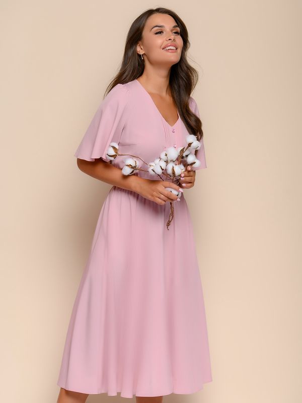 Dusty rose colored midi length dress with V-neckline