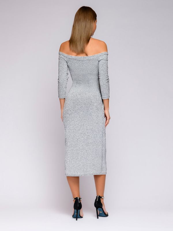 Silver-colored dress with open shoulders and draped skirt