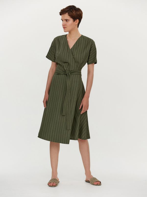 Green striped dress with a flap and short sleeves