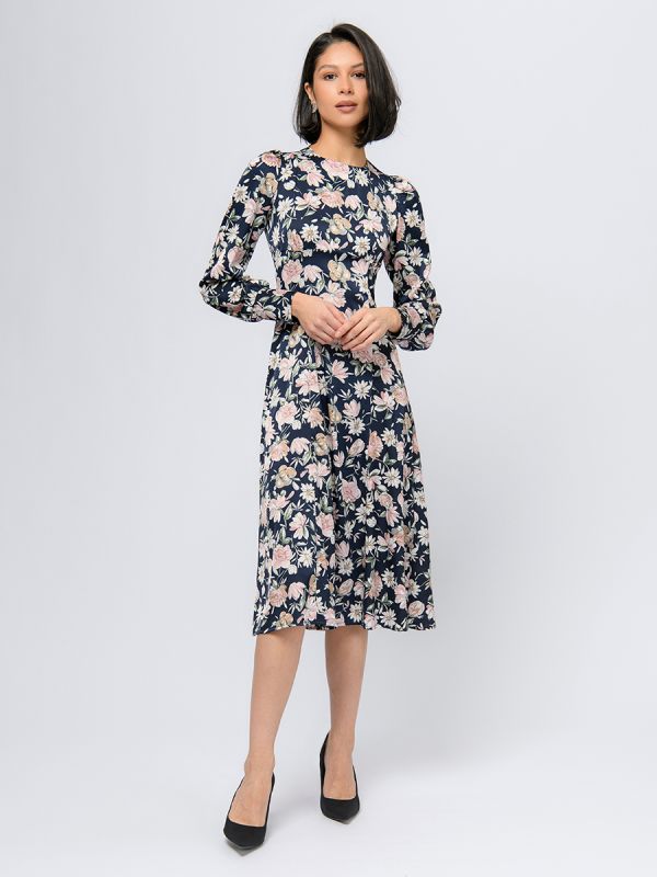 Dark blue color midi length dress with floral print