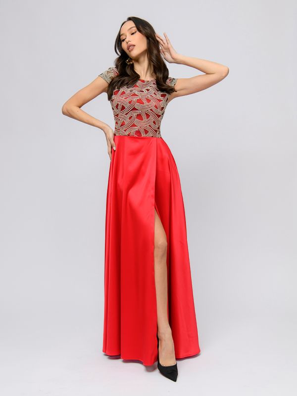 Red maxi length dress with lace and slit on skirt