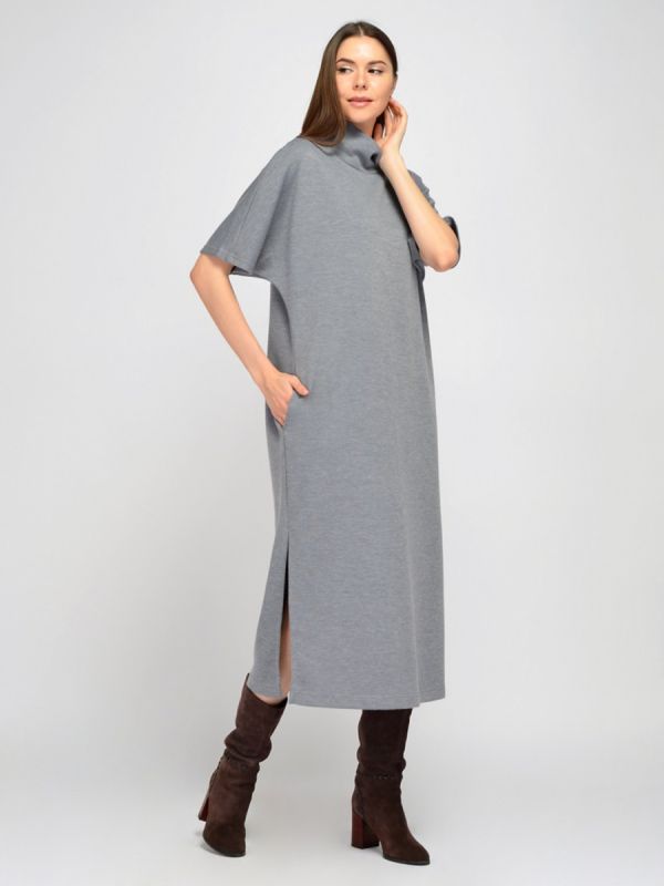 Gray midi length dress with stand collar and slits