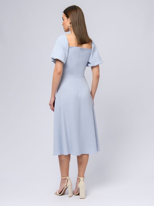 Grey-blue midi length dress with open shoulders