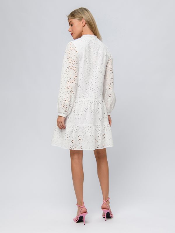 White mini length dress with long sleeves and flounce