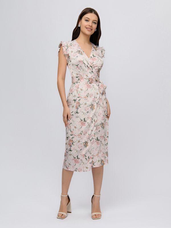 Dusty rose color dress with floral print with flap and flounces on the shoulders