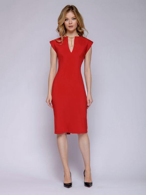 Red low-cut flare dress with deep neckline