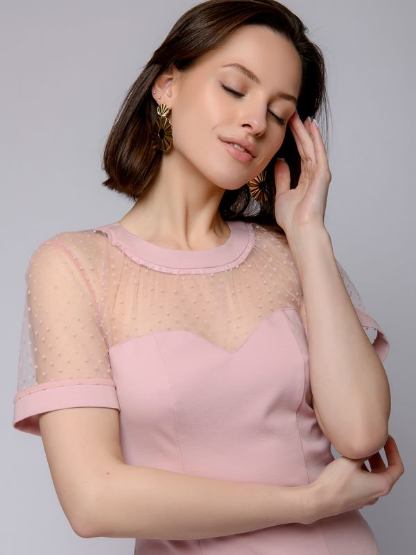 Pink flare dress with tulle trim and short sleeves