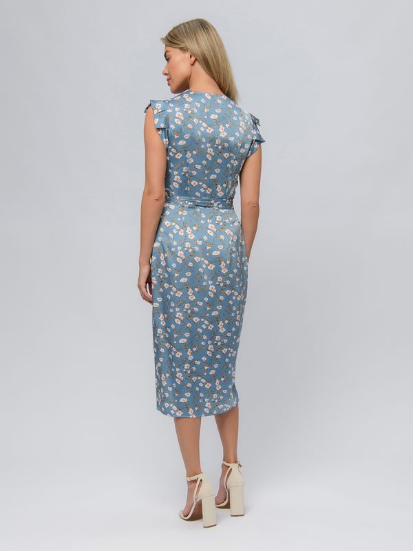 Blue floral print dress with flap and flounces on shoulders