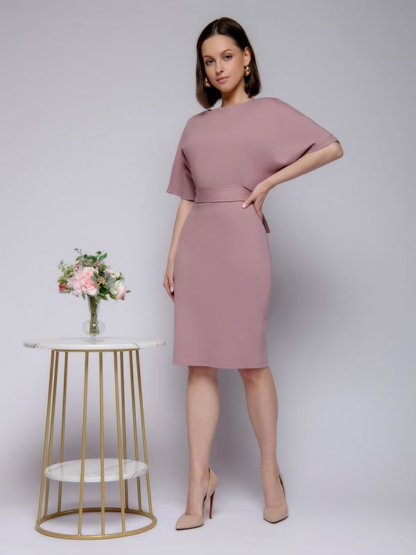 Pink mini length dress with waistband and batwing sleeve