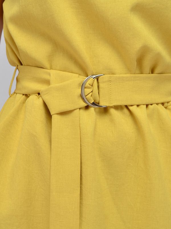 Mustard-colored mini dress with pockets and waistband