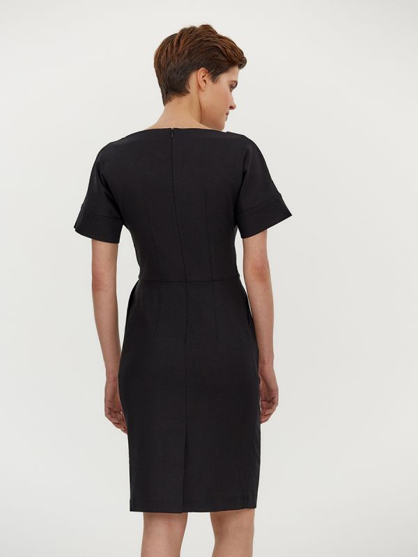 Black mini length dress with short sleeves and pockets