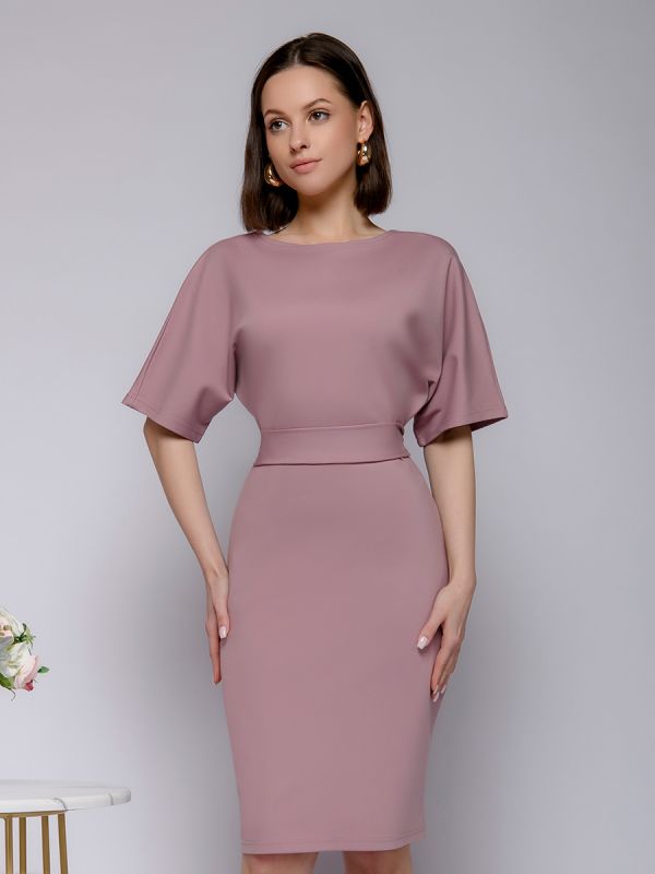 Pink mini length dress with waistband and batwing sleeve