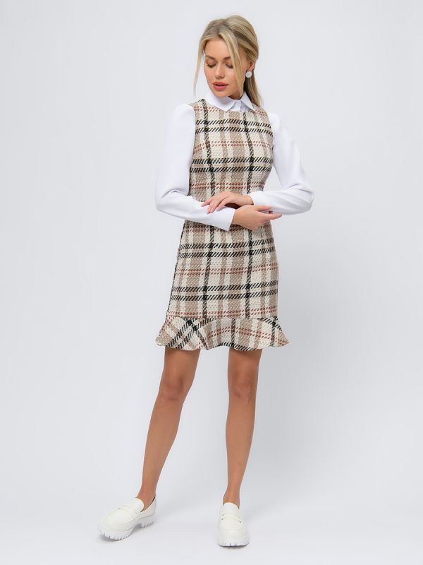 Beige plaid tweed mini sleeveless dress