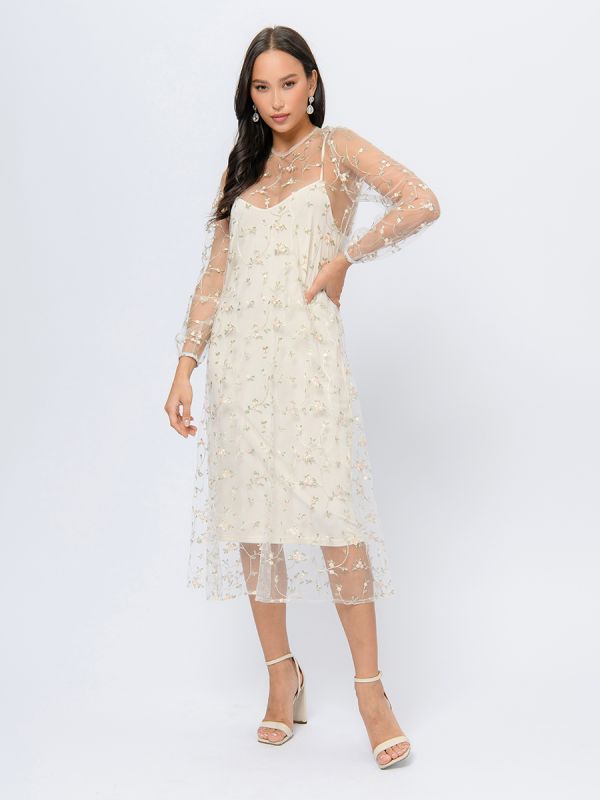 Beige colored midi length dress with floral embroidery