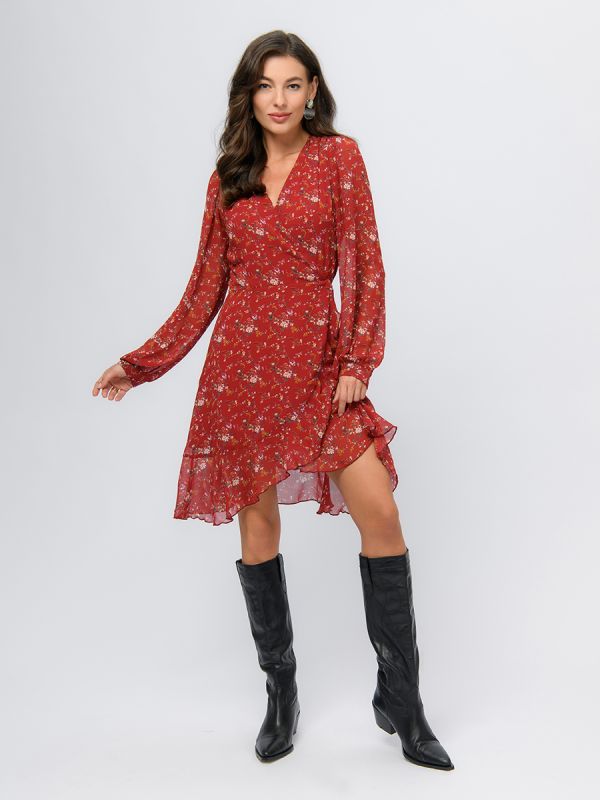 Red floral print mini length dress with flare and long sleeves