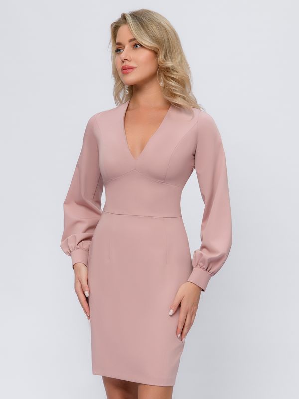 Pink mini length dress with long sleeves and V-neckline