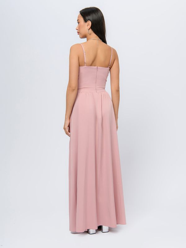 Powder-colored maxi dress with straps and slit skirt