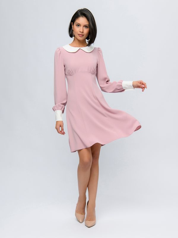 Pink colored mini length dress with stand-up collar