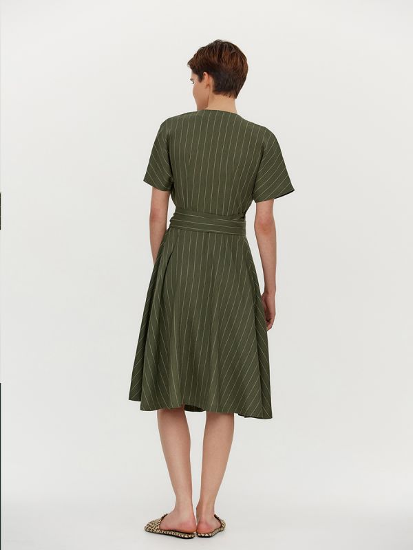 Green striped dress with a flap and short sleeves