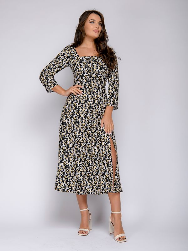 Black midi length dress with floral print and bob neckline