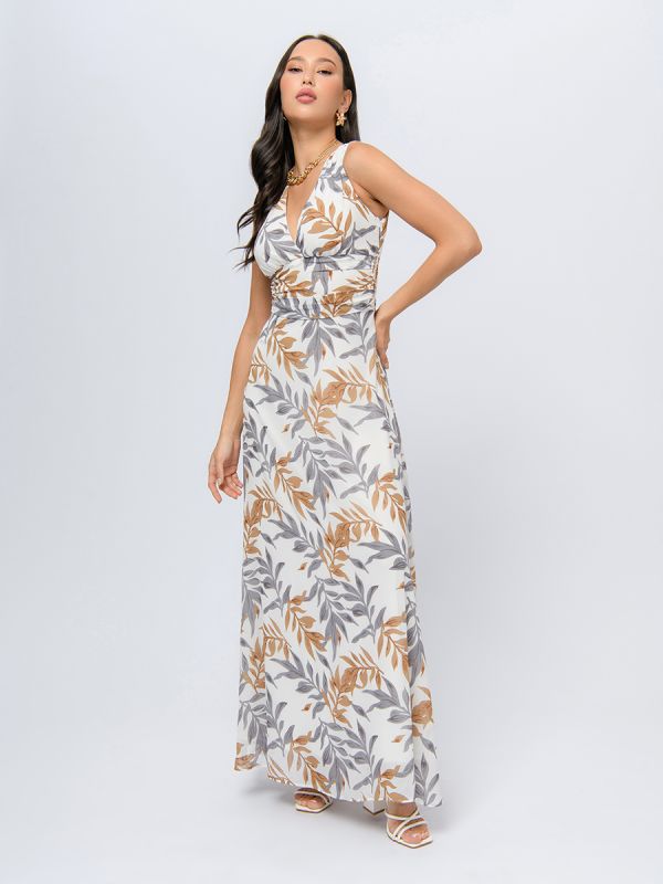 Milk colored maxi length dress with floral print and deep neckline