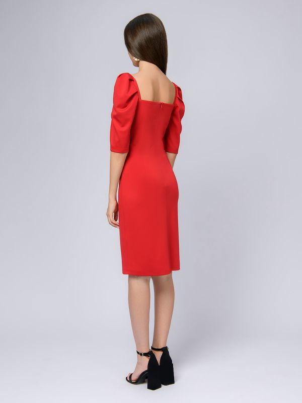 Red dress with puffed sleeves and deep neckline