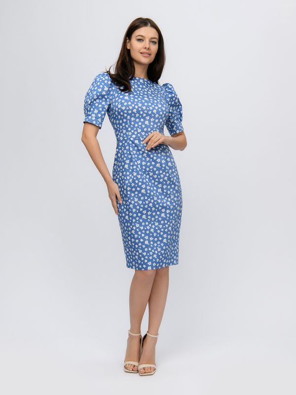 Blue floral print midi length dress with short sleeves