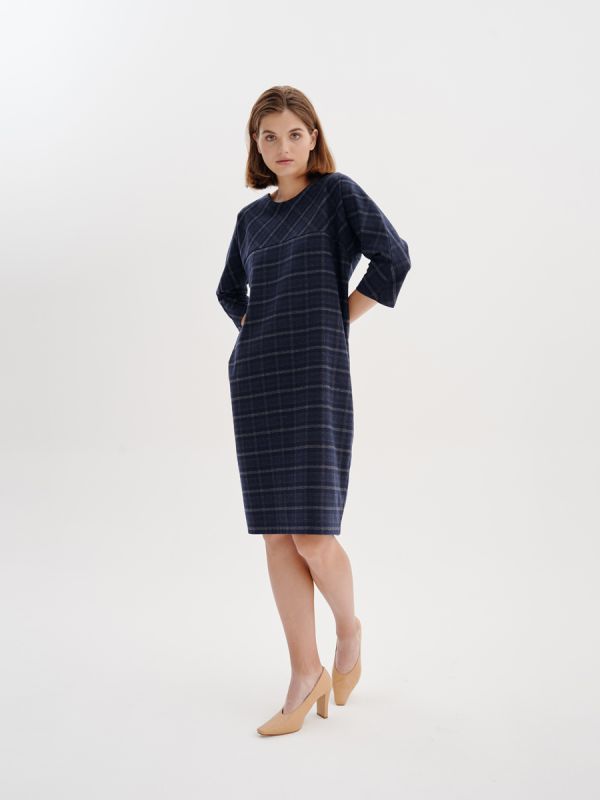 Dark blue plaid dress with 3/4 sleeves