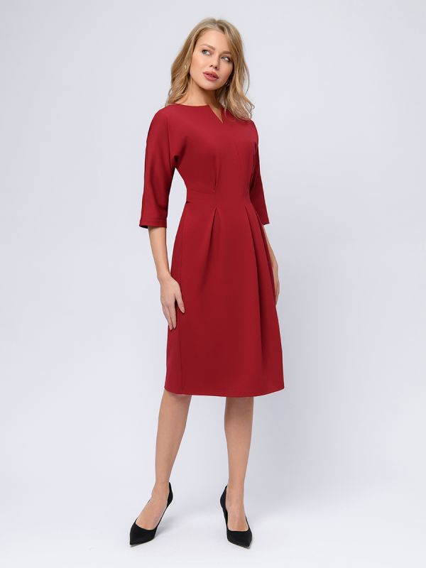 Burgundy midi length dress with waist flaps and 3/4 sleeves