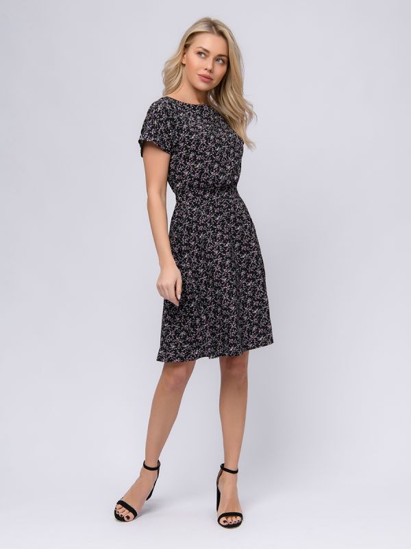 Black color print mini length dress with short sleeves