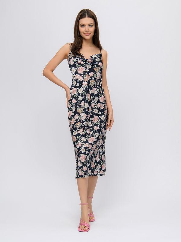 Navy blue floral print midi length strappy dress