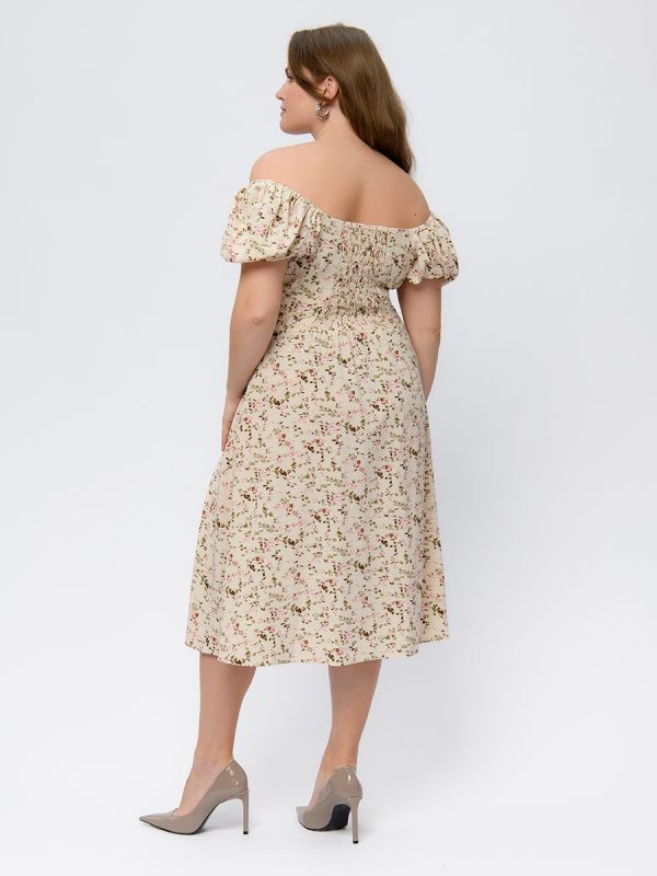 Beige print midi length dress with gathered bodice and short sleeves