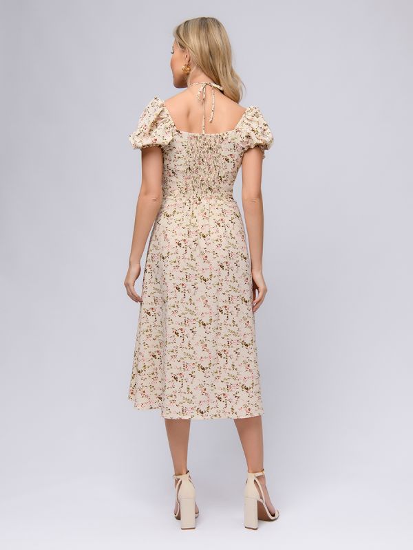 Beige print midi length dress with gathered bodice and short sleeves