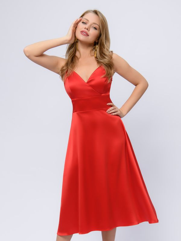 Red strappy midi length dress with deep neckline