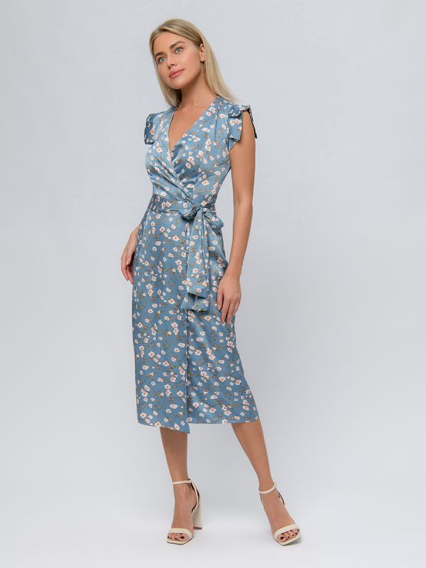 Blue floral print dress with flap and flounces on shoulders